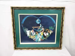 Vtg PBS One Heart Framed Art Print Lisa W. Lloyd Earth Animals Bamboo 32x37"