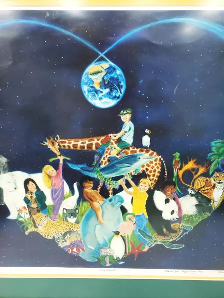 Vtg PBS One Heart Framed Art Print Lisa W. Lloyd Earth Animals Bamboo 32x37"