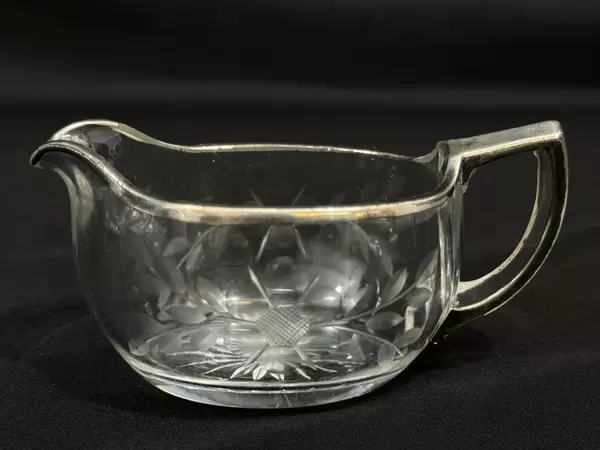Vintage Etched Glass Creamer with Sterling Silver Rim Handle Floral Design