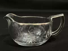 Vintage Etched Glass Creamer with Sterling Silver Rim Handle Floral Design