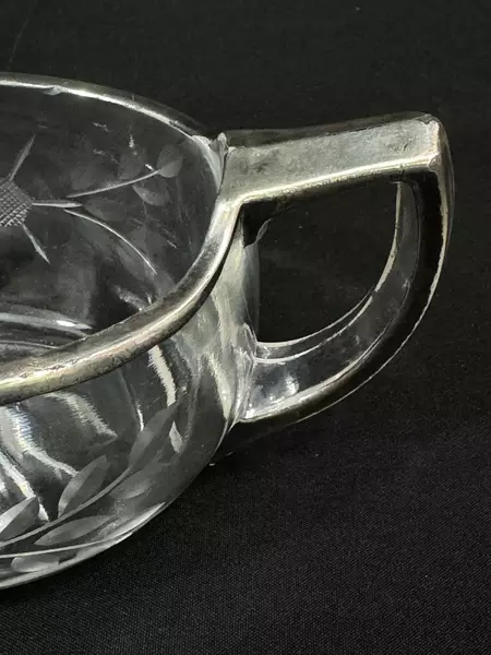 Vintage Etched Glass Creamer with Sterling Silver Rim Handle Floral Design