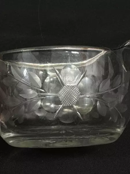 Vintage Etched Glass Creamer with Sterling Silver Rim Handle Floral Design