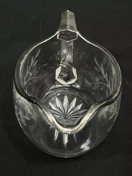 Vintage Etched Glass Creamer with Sterling Silver Rim Handle Floral Design