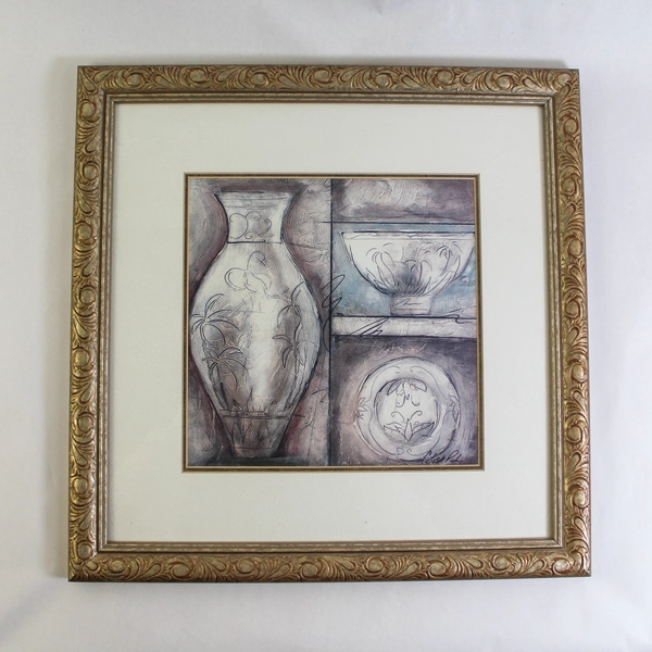 Vintage Celeste Peters Framed Art Print Pitcher Bowl Plate 17.25" Gold Frame