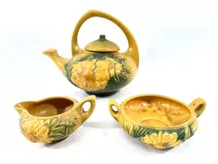 Vintage Roseville Floral Peony Tea Set - Teapot, Creamer & Sugar Bowl
