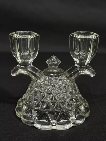Vintage Imperial Glass Laced Edge Double Candlestick Holder 1950s 4.5" Tall