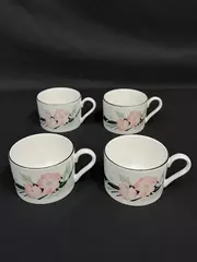 Set of 4 Sango Jolie White Coffee Cups Pink Flowers Green Leaves Vintage