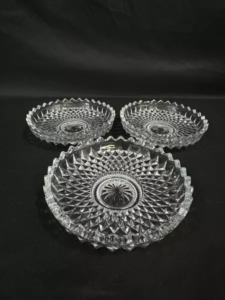 Lot of 3 Crystal Bowls Candle Holders 2-in-1 Diamond Pattern Saw Tooth Rim