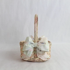 Decorative Wooden Easter Basket with Pink Beige Bows Holiday Decor 11.75"