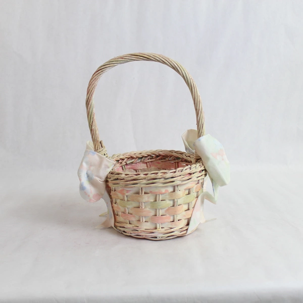 Decorative Wooden Easter Basket with Pink Beige Bows Holiday Decor 11.75"