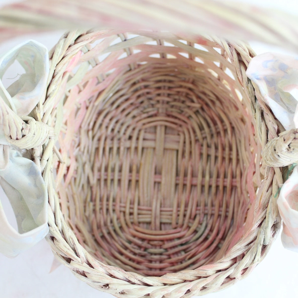 Decorative Wooden Easter Basket with Pink Beige Bows Holiday Decor 11.75"