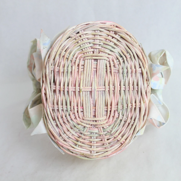 Decorative Wooden Easter Basket with Pink Beige Bows Holiday Decor 11.75"