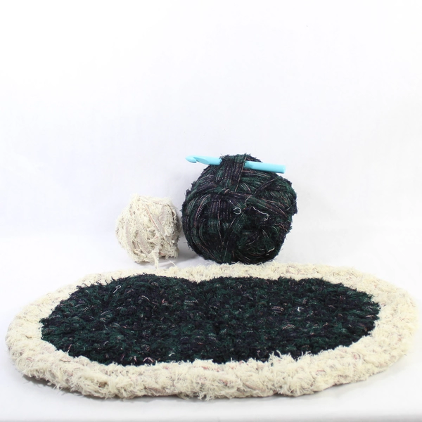 Vintage Handmade Crocheted Oval Rug Black Cream Green with Fabric Balls & Hook