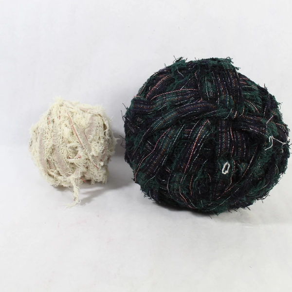 Vintage Handmade Crocheted Oval Rug Black Cream Green with Fabric Balls & Hook