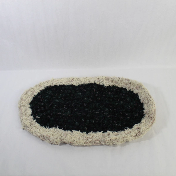 Vintage Handmade Crocheted Oval Rug Black Cream Green with Fabric Balls & Hook