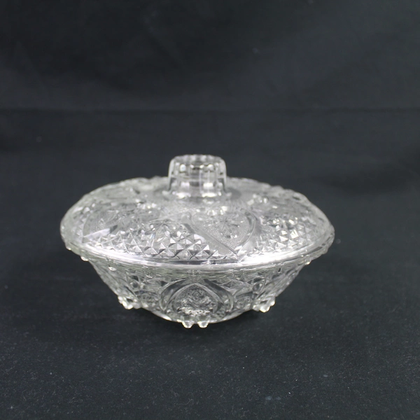Vtg KIG Malaysia Clear Glass Candy Dish Lid Fleur De Lis Hearts Valentines
