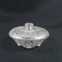 Vtg KIG Malaysia Clear Glass Candy Dish Lid Fleur De Lis Hearts Valentines