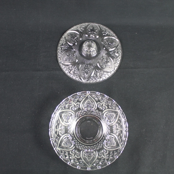 Vtg KIG Malaysia Clear Glass Candy Dish Lid Fleur De Lis Hearts Valentines
