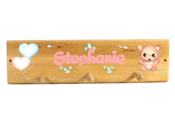 Vintage Wooden Coat Rack Wall Hanger with Teddy Bear & Stephanie Name 3 Hooks
