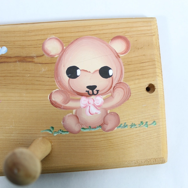 Vintage Wooden Coat Rack Wall Hanger with Teddy Bear & Stephanie Name 3 Hooks