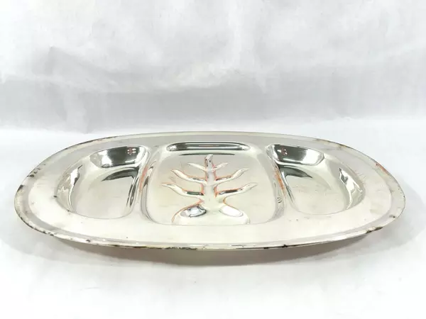 Vintage National Silver Moss Rose 3-Section Divided Tray 20.25" Silver Plate
