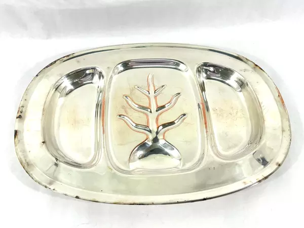Vintage National Silver Moss Rose 3-Section Divided Tray 20.25" Silver Plate