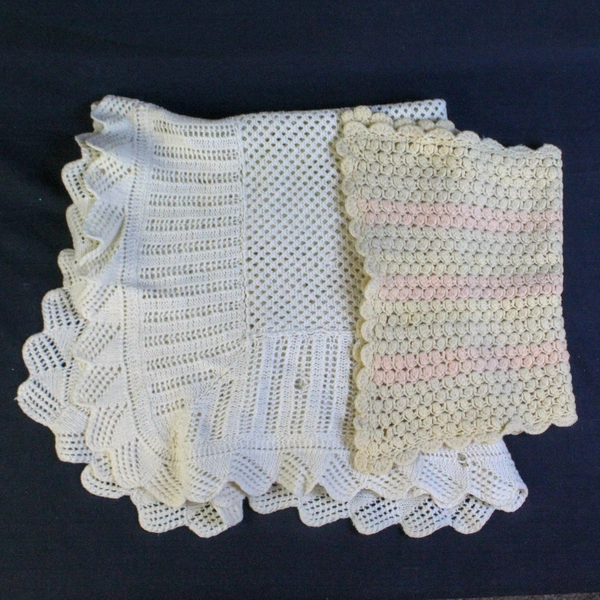 Lot of 2 Handmade Crochet Baby Blankets Knit Nursery Throws Cream Flaws