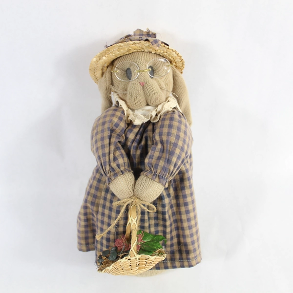 Vintage Easter Plush Rabbit Doll 12" Blue Beige Gingham Dress Basket Hat Glasses