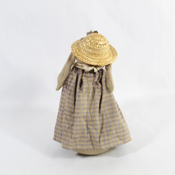 Vintage Easter Plush Rabbit Doll 12" Blue Beige Gingham Dress Basket Hat Glasses