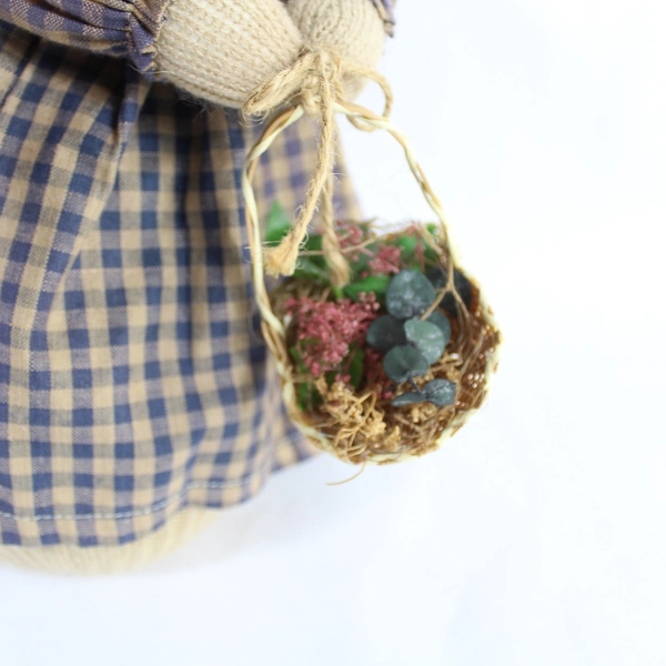 Vintage Easter Plush Rabbit Doll 12" Blue Beige Gingham Dress Basket Hat Glasses