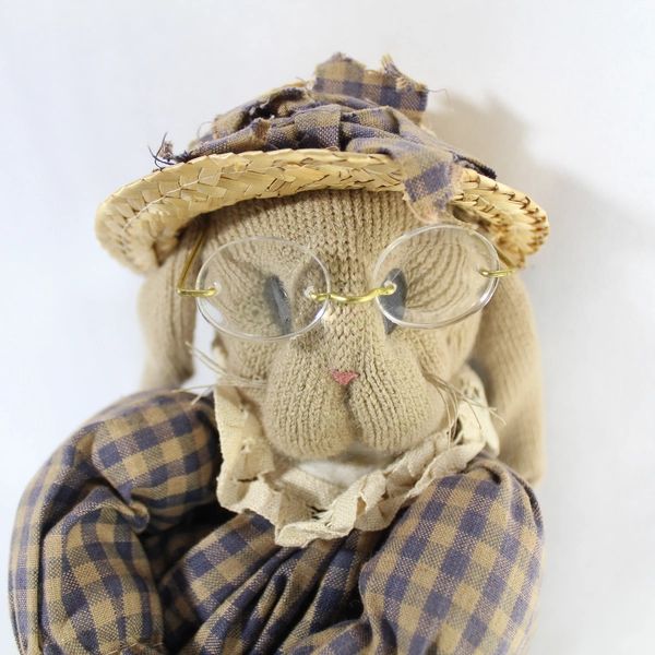 Vintage Easter Plush Rabbit Doll 12" Blue Beige Gingham Dress Basket Hat Glasses