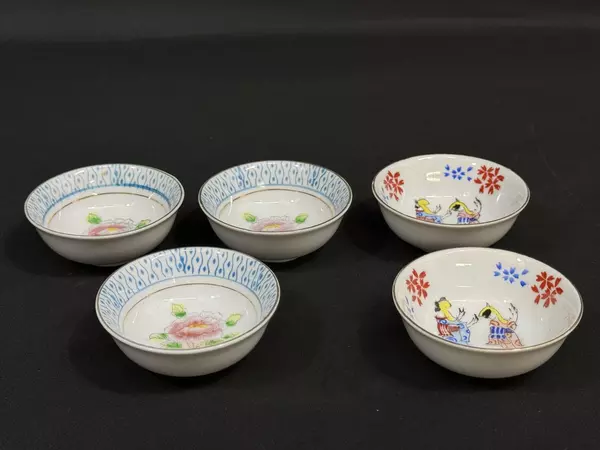 Lot of 5 Occupied Japan Saki Bowls Floral & Geisha Porcelain Rice Bowls