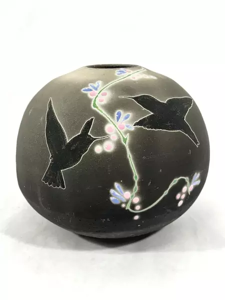 Hand Painted Signed 6.5" Ceramic Hummingbird Vase Round Planter Pot Gray
