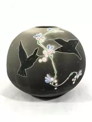 Hand Painted Signed 6.5" Ceramic Hummingbird Vase Round Planter Pot Gray