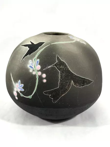 Hand Painted Signed 6.5" Ceramic Hummingbird Vase Round Planter Pot Gray