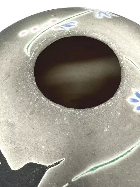 Hand Painted Signed 6.5" Ceramic Hummingbird Vase Round Planter Pot Gray