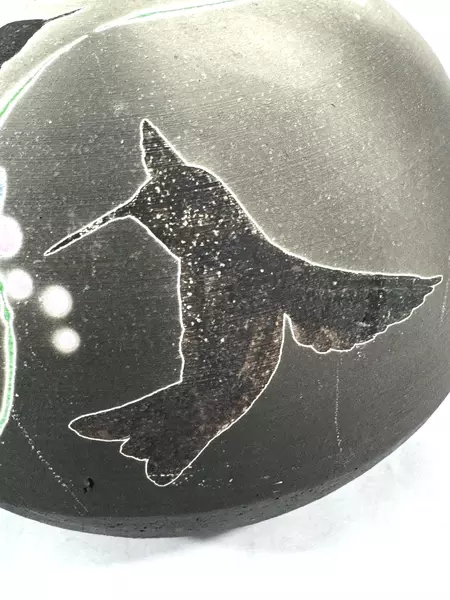 Hand Painted Signed 6.5" Ceramic Hummingbird Vase Round Planter Pot Gray