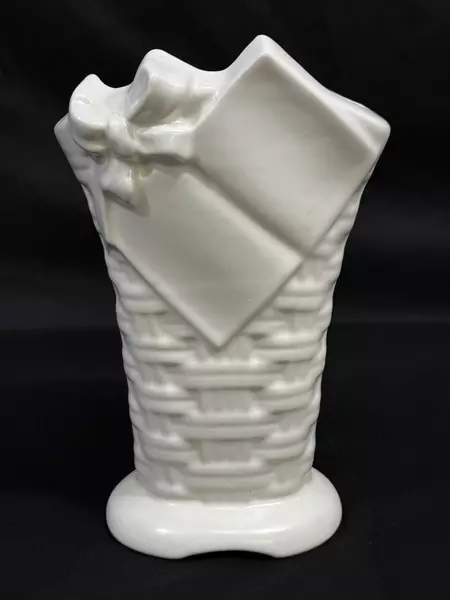 Vintage White Ceramic Basket Vase with Ribbon & Gift Tag 9.75" Tall Planter