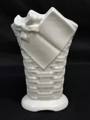 Vintage White Ceramic Basket Vase with Ribbon & Gift Tag 9.75" Tall Planter