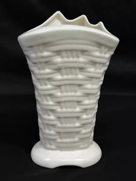 Vintage White Ceramic Basket Vase with Ribbon & Gift Tag 9.75" Tall Planter