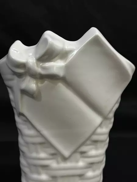 Vintage White Ceramic Basket Vase with Ribbon & Gift Tag 9.75" Tall Planter