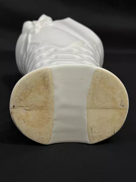 Vintage White Ceramic Basket Vase with Ribbon & Gift Tag 9.75" Tall Planter