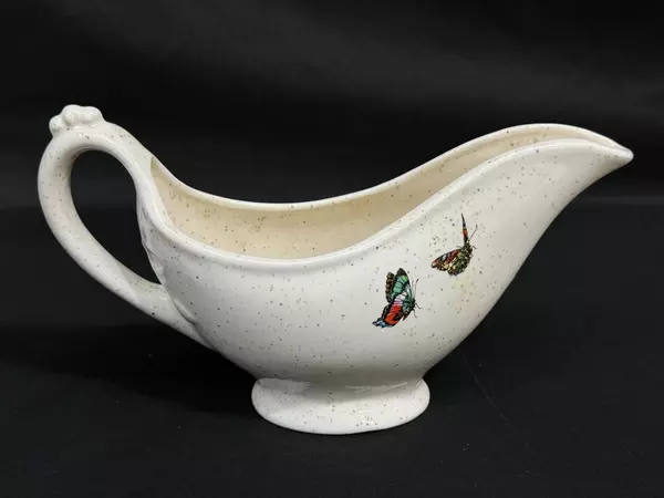 Ceramic Speckled Footed Gravy Boat White with Multicolor Butterfly Decals