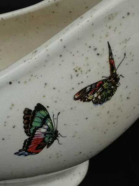 Ceramic Speckled Footed Gravy Boat White with Multicolor Butterfly Decals