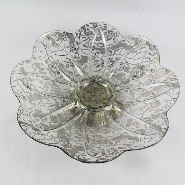 Clear Etched Glass Serving Platter Floral Scalloped Rim Centerpiece Fruit Bowl