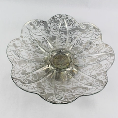 Clear Etched Glass Serving Platter Floral Scalloped Rim Centerpiece Fruit Bowl