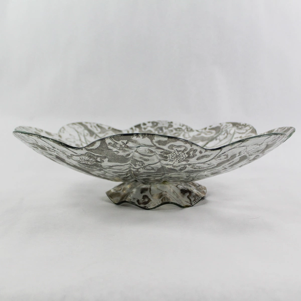 Clear Etched Glass Serving Platter Floral Scalloped Rim Centerpiece Fruit Bowl