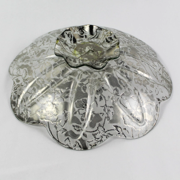 Clear Etched Glass Serving Platter Floral Scalloped Rim Centerpiece Fruit Bowl
