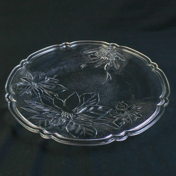 Clear Etched Glass Christmas Serving Platter 13" Poinsettia Pine Cones