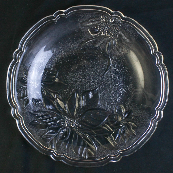 Clear Etched Glass Christmas Serving Platter 13" Poinsettia Pine Cones